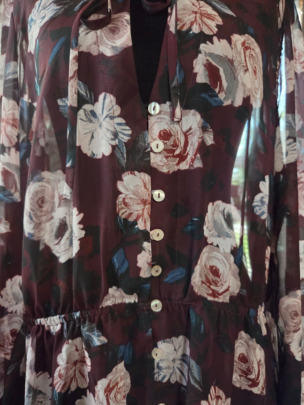 Plus Sheer Burgundy Chiffon Floral Maxi High-Low Fall Floral Dress 0X - Picture 6 of 13